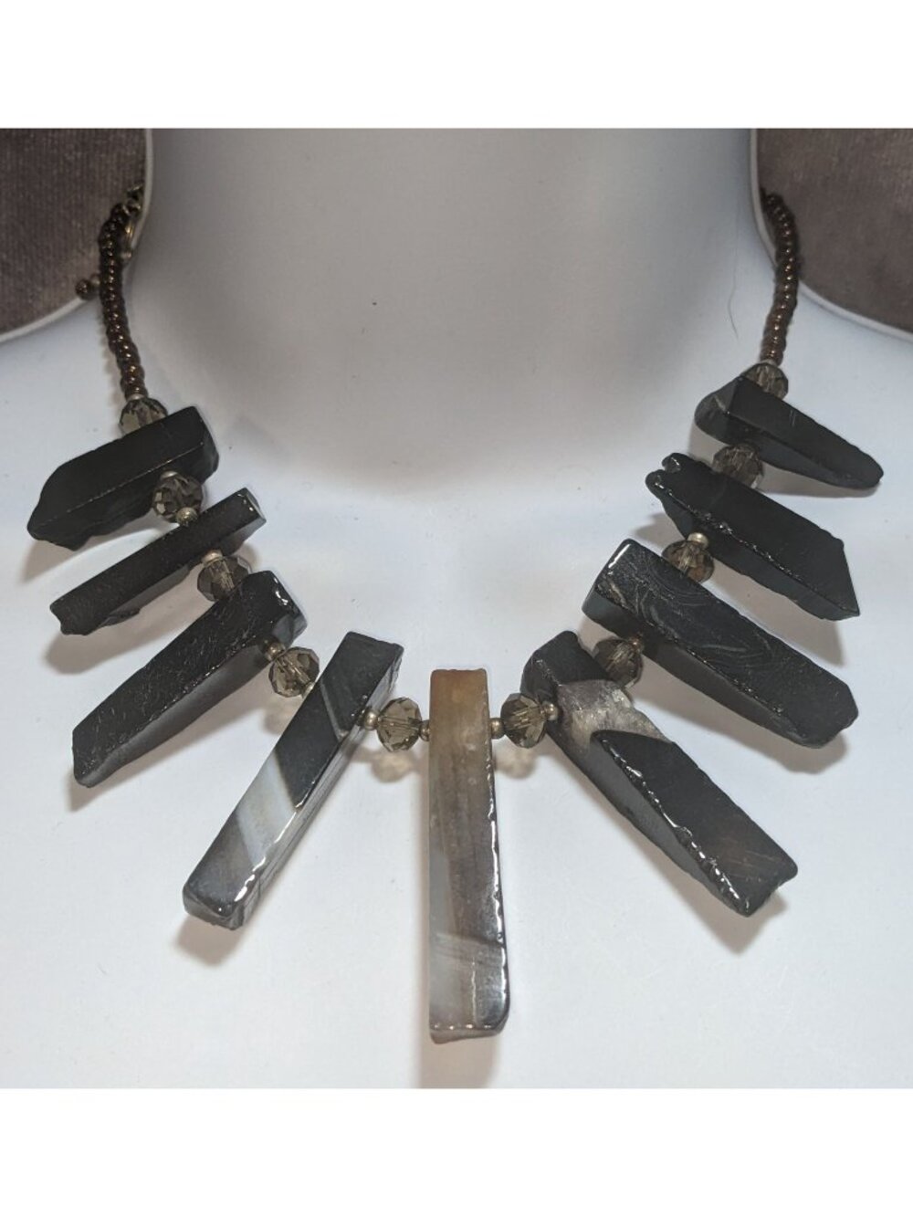 Goth Raw Gemstone Pillar Statement Necklace Black Gray Crystal Spike Bib